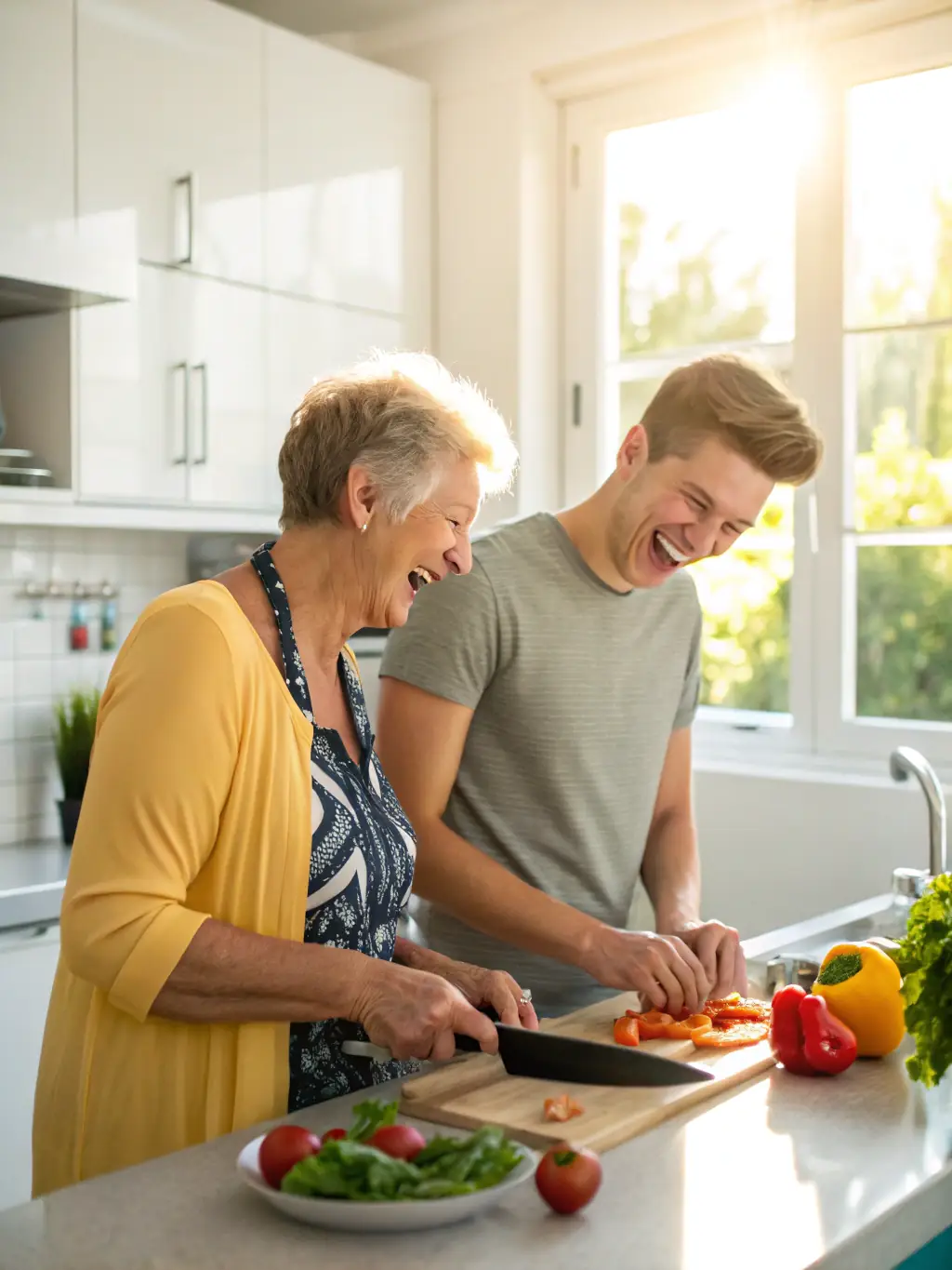 A senior couple cooking together in the kitchen, using a healthy cookbook filled with nutritious recipes tailored for seniors.
