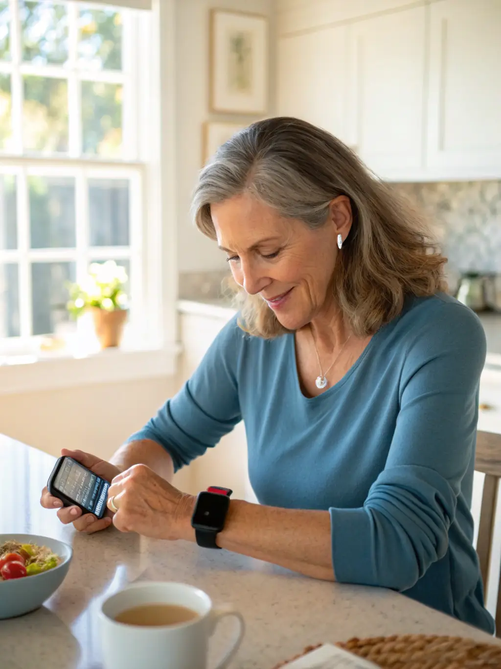 A senior woman smiling while using a digital fitness tracker on her wrist, showcasing its ease of use and health monitoring capabilities.