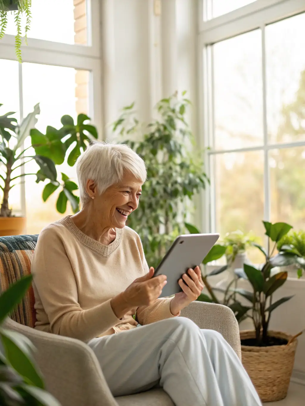 A senior woman smiling while using a tablet, representing gifts that enhance entertainment and engagement for seniors.
