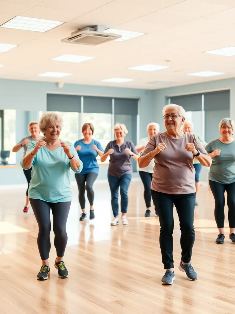 A senior man participating in a gentle exercise class, representing gifts that promote health and wellness for seniors.
