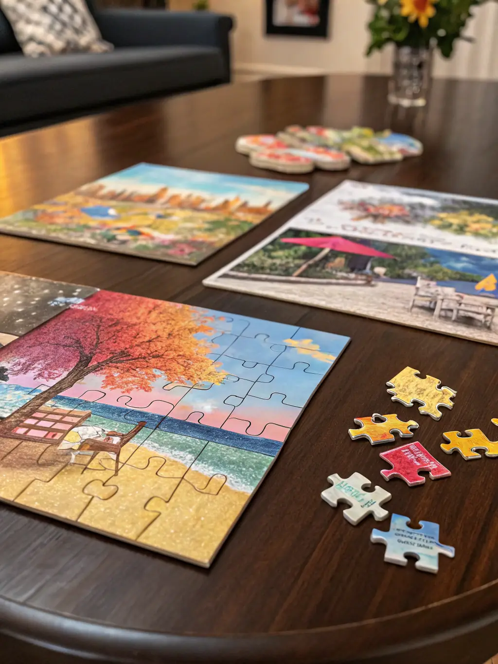 A set of large-print playing cards and a jigsaw puzzle with large pieces, arranged on a table with a cup of coffee, in a bright and cheerful room.
