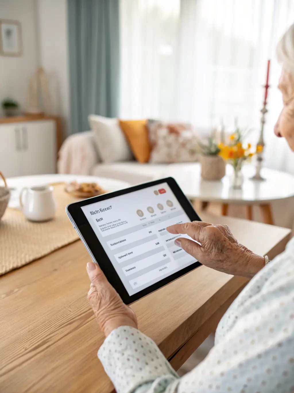 A senior-friendly tablet displaying a video call interface with smiling family members, placed on a stand in a comfortable living room setting.