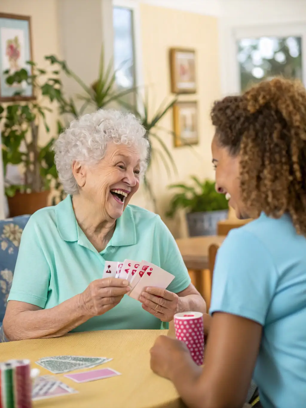 A senior woman engaged in a memory game, representing gifts that stimulate memory and cognitive function.